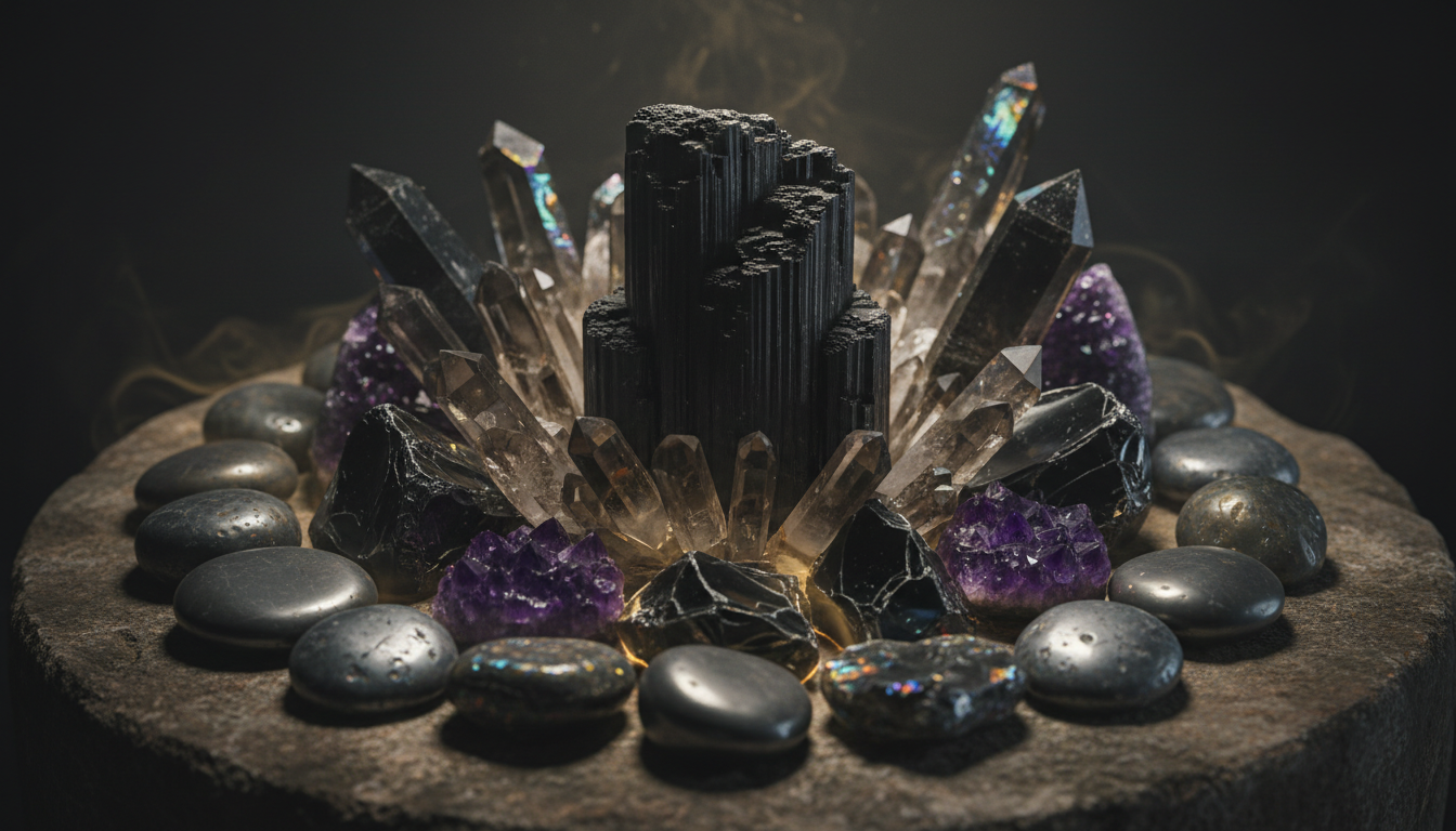 Powerful protection crystals including black tourmaline, obsidian, and smoky quartz