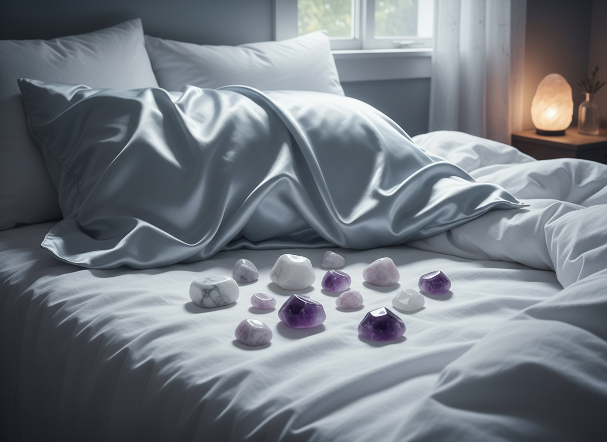 Sleep crystals placed under silk pillow for restful sleep
