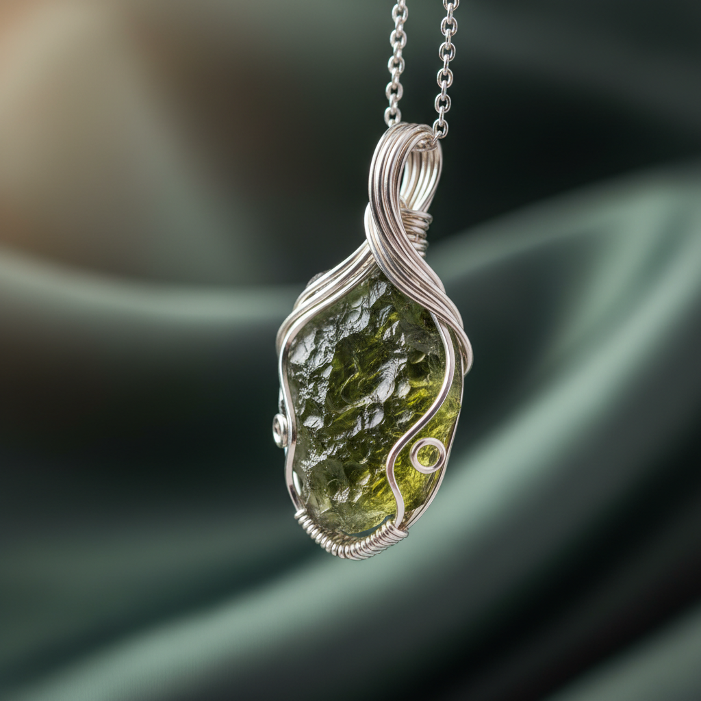 Elegant moldavite pendant in sterling silver wire wrap setting - genuine Czech tektite jewelry for transformation and spiritual growth