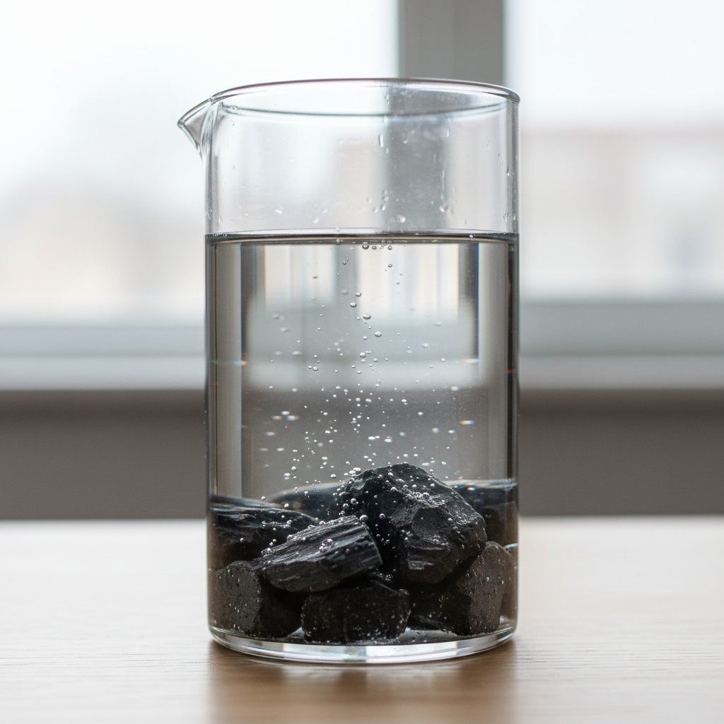 Raw shungite stones for water purification in glass pitcher - black carbon mineral stones for making antioxidant shungite water