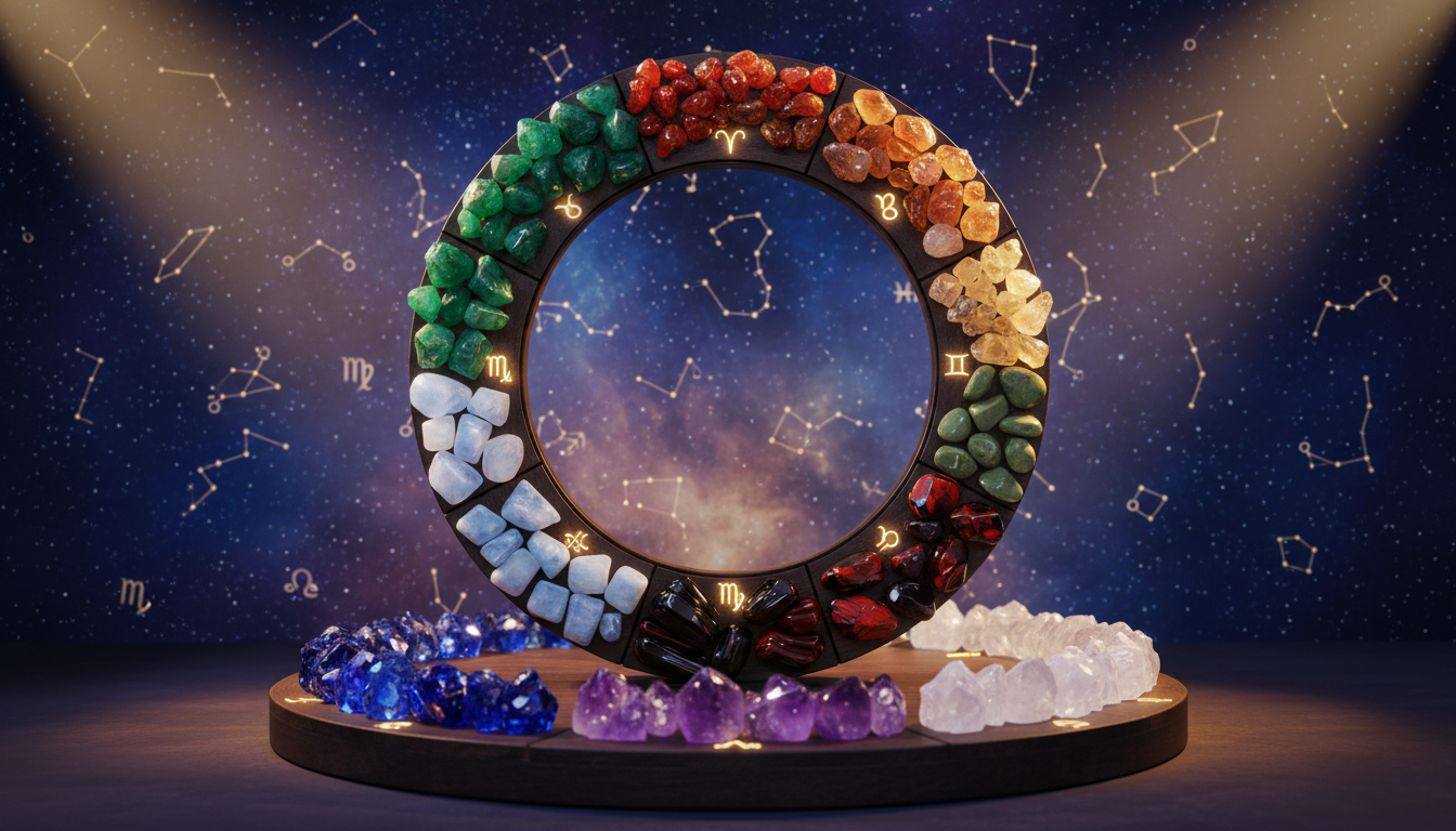 Collection of healing crystals arranged for zodiac signs