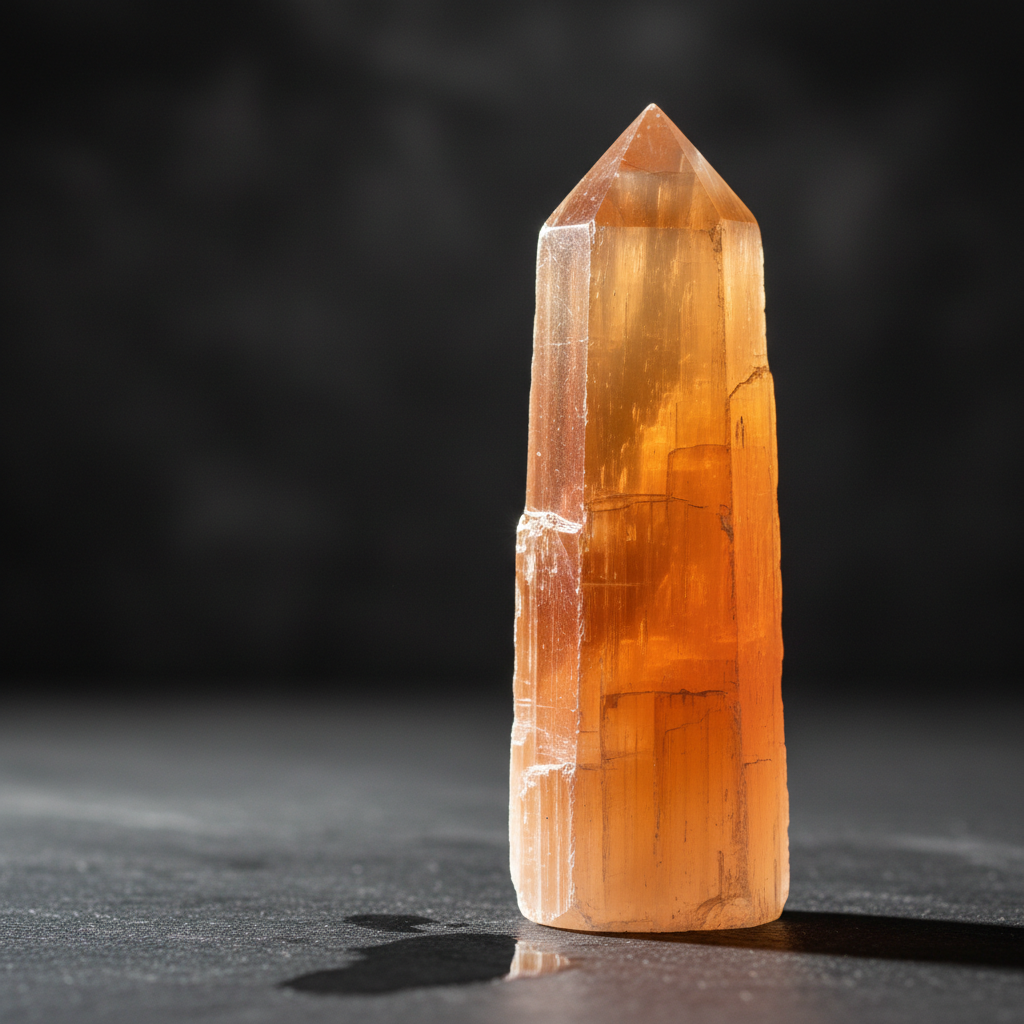 Orange selenite tower crystal point with warm peach golden color for sacral chakra healing and creativity
