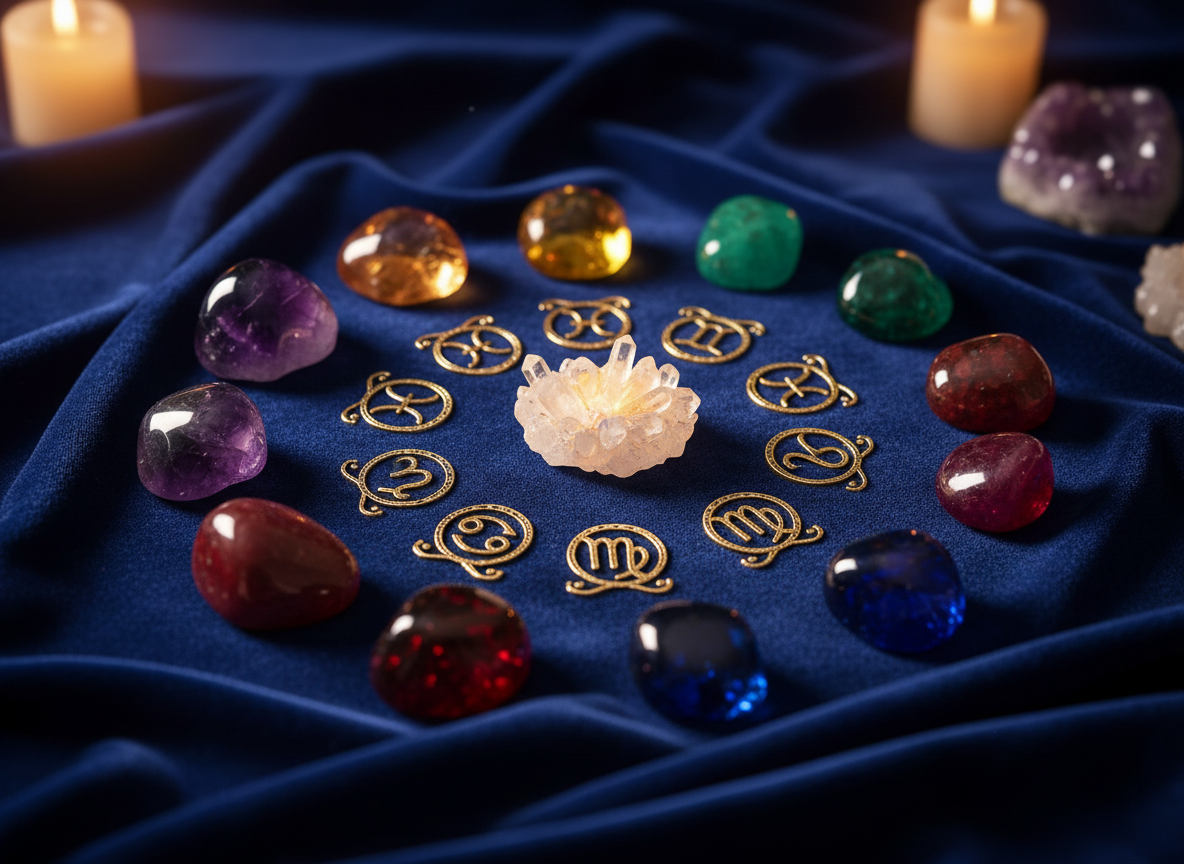 Birthstone crystals and zodiac symbols display