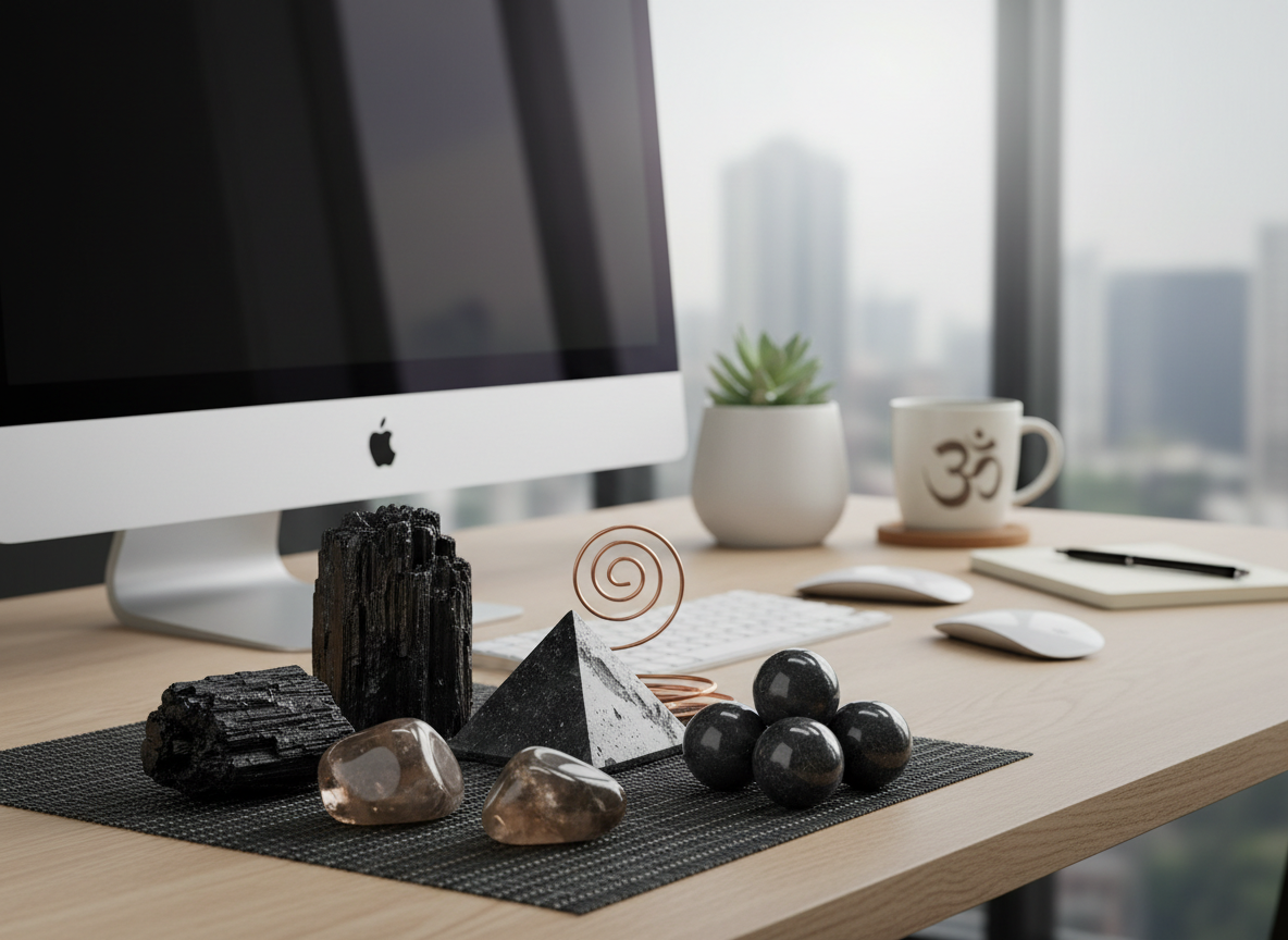 Protective crystals on desk absorbing EMF from computer
