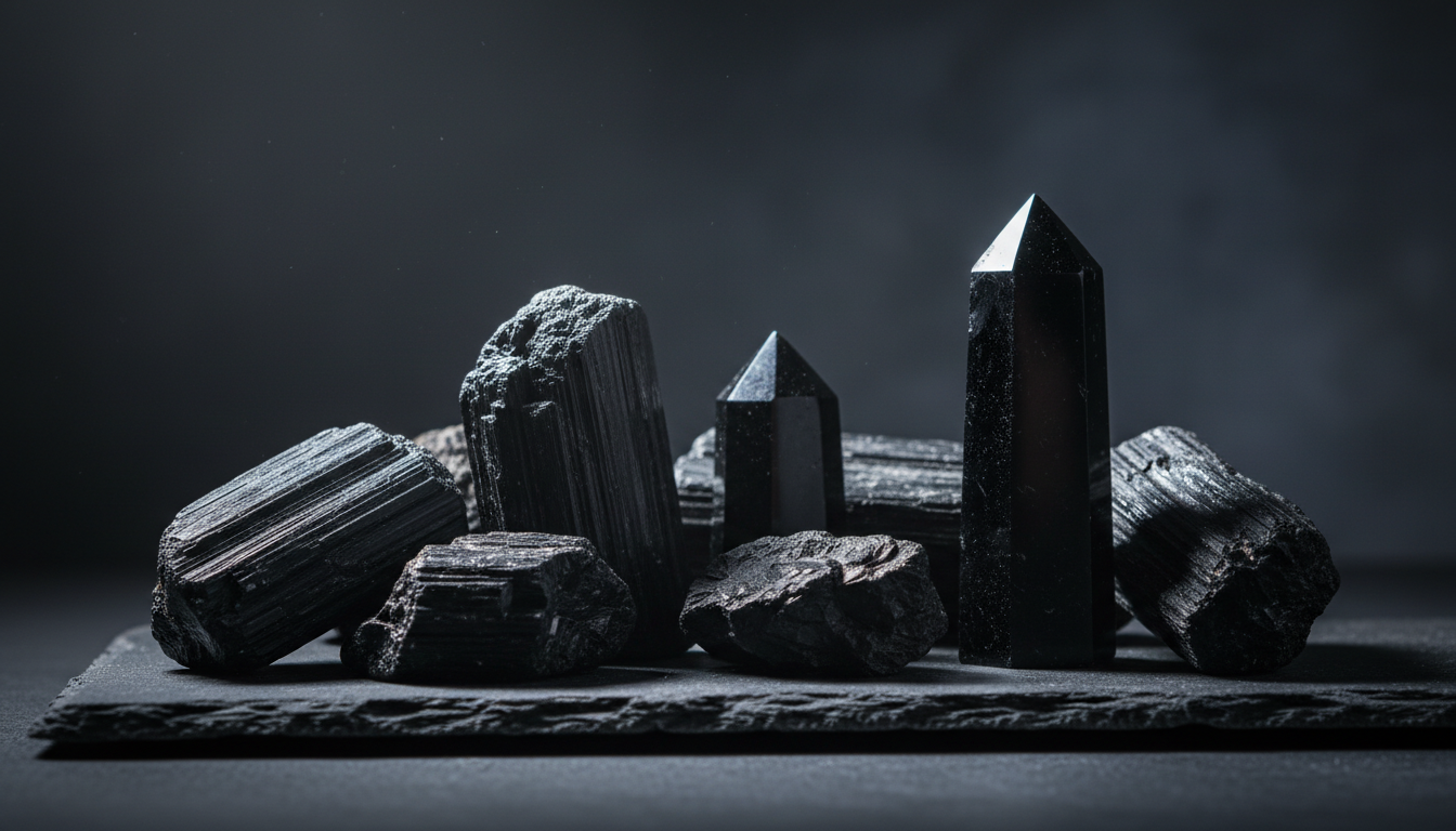 Black tourmaline crystal collection including raw specimens, polished towers, and rough chunks from Dragon Traditions Michigan crystal shop