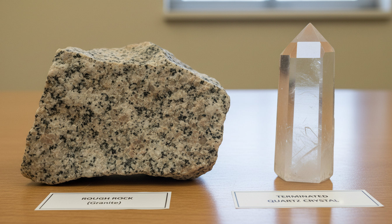 Comparison of a rough rock and a clear quartz crystal point showing the structural differences