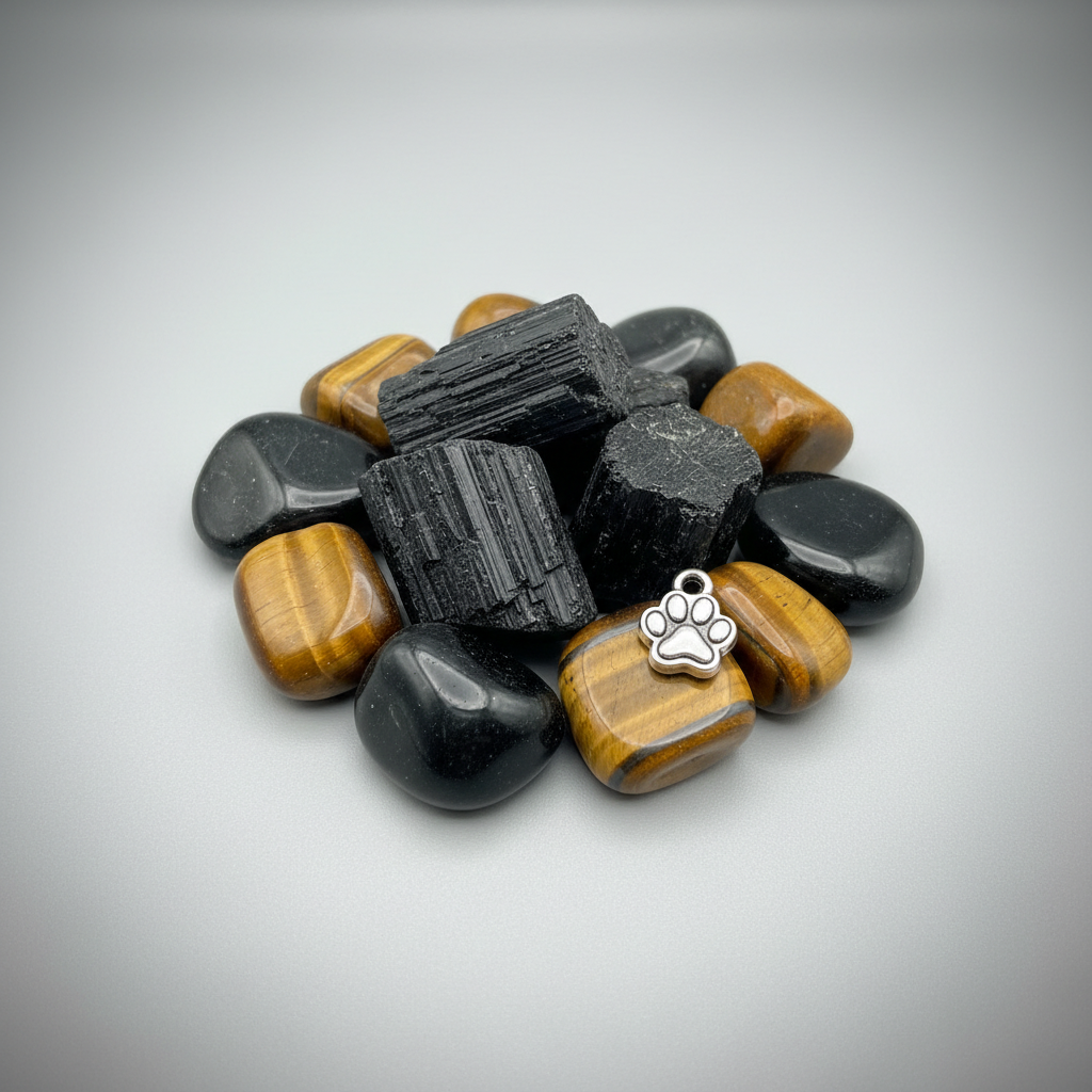 Protection crystals for pets - black tourmaline, obsidian, and tiger's eye tumbled stones for grounding and shielding pet energy