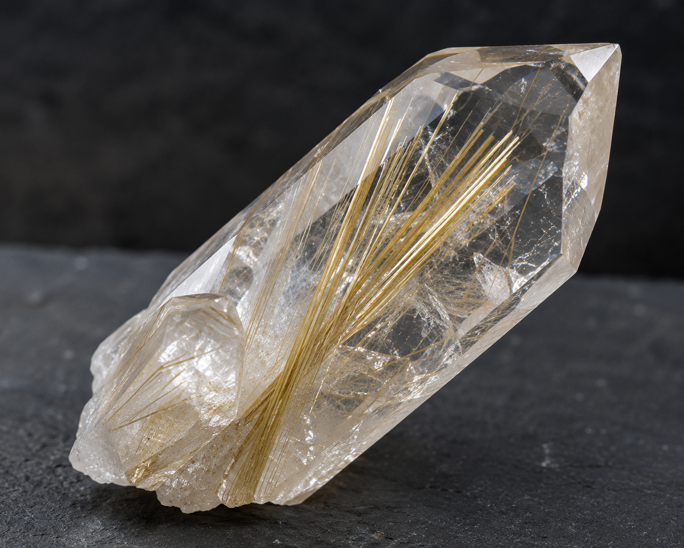 Raw rutilated quartz crystal point with dramatic golden rutile needle inclusions radiating through clear quartz natural formation on dark background