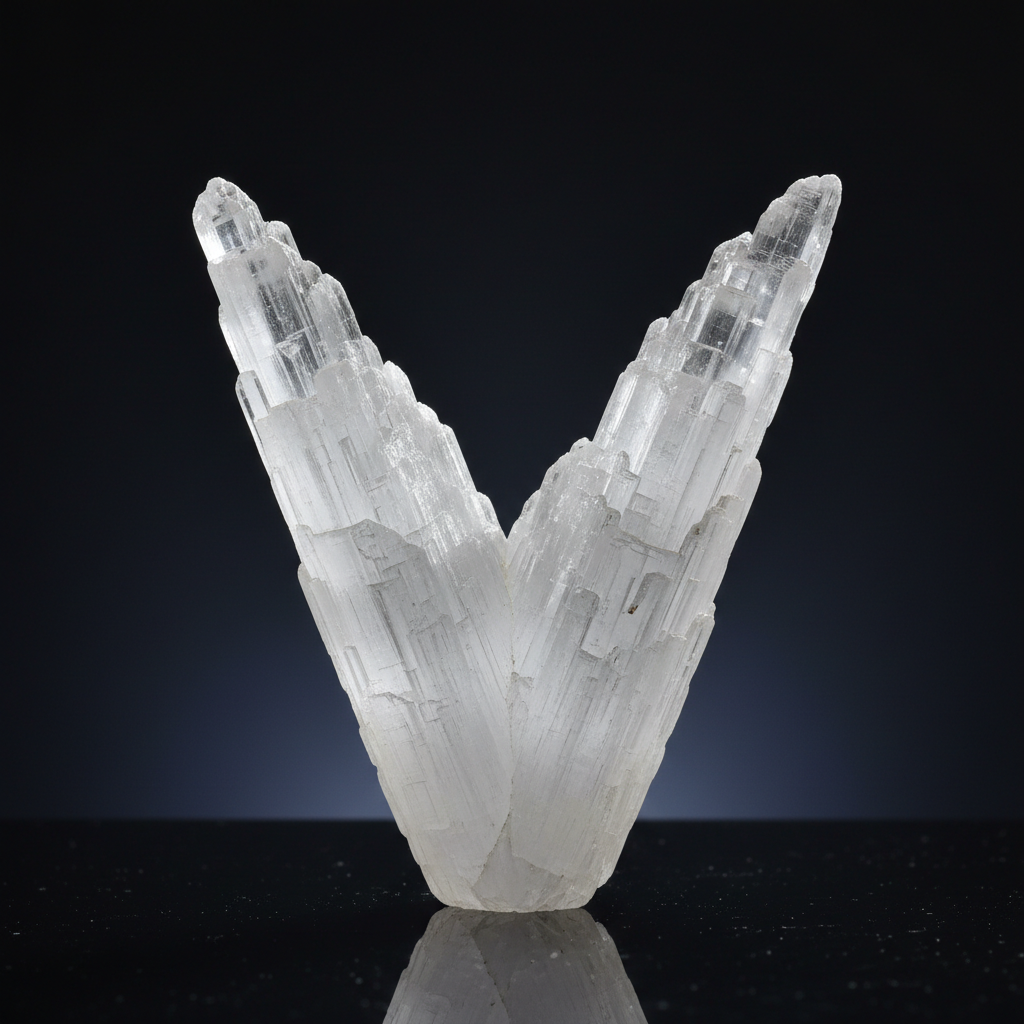 Fishtail selenite crystal with V-shaped twin formation for angel communication and spiritual guidance