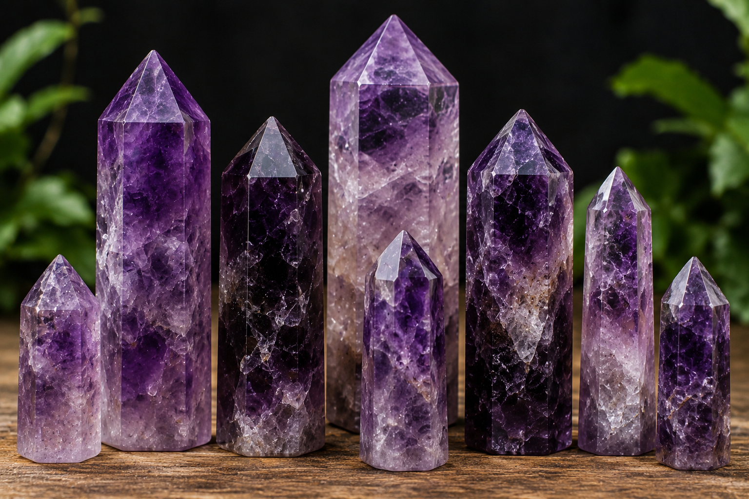 Hand-polished amethyst crystal towers and generator points in various sizes showing natural purple color variations - Dragon Traditions