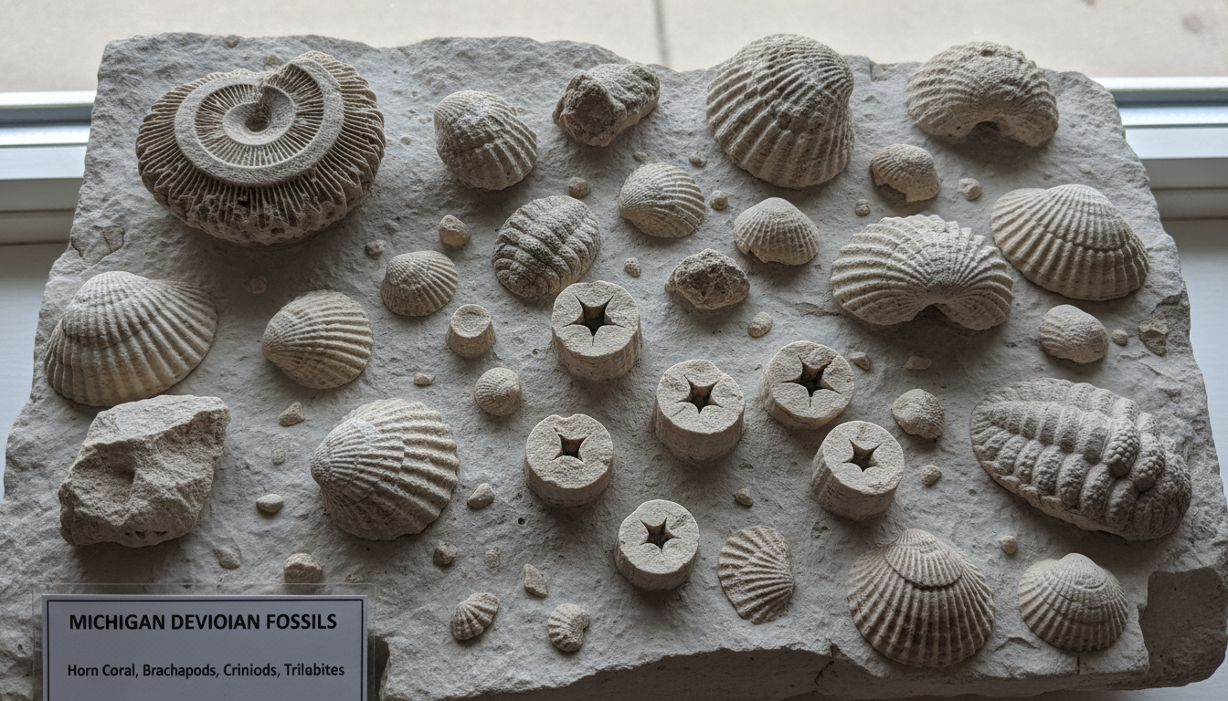 Collection of Michigan Devonian fossils including horn coral, brachiopods, and crinoid stems