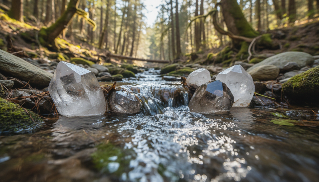 Crystals being cleansed in natural running water