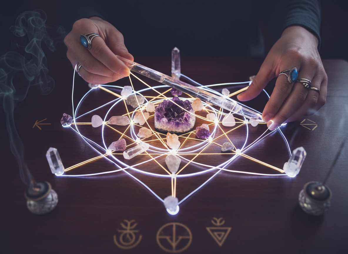 Activating crystal grid with quartz wand and light energy