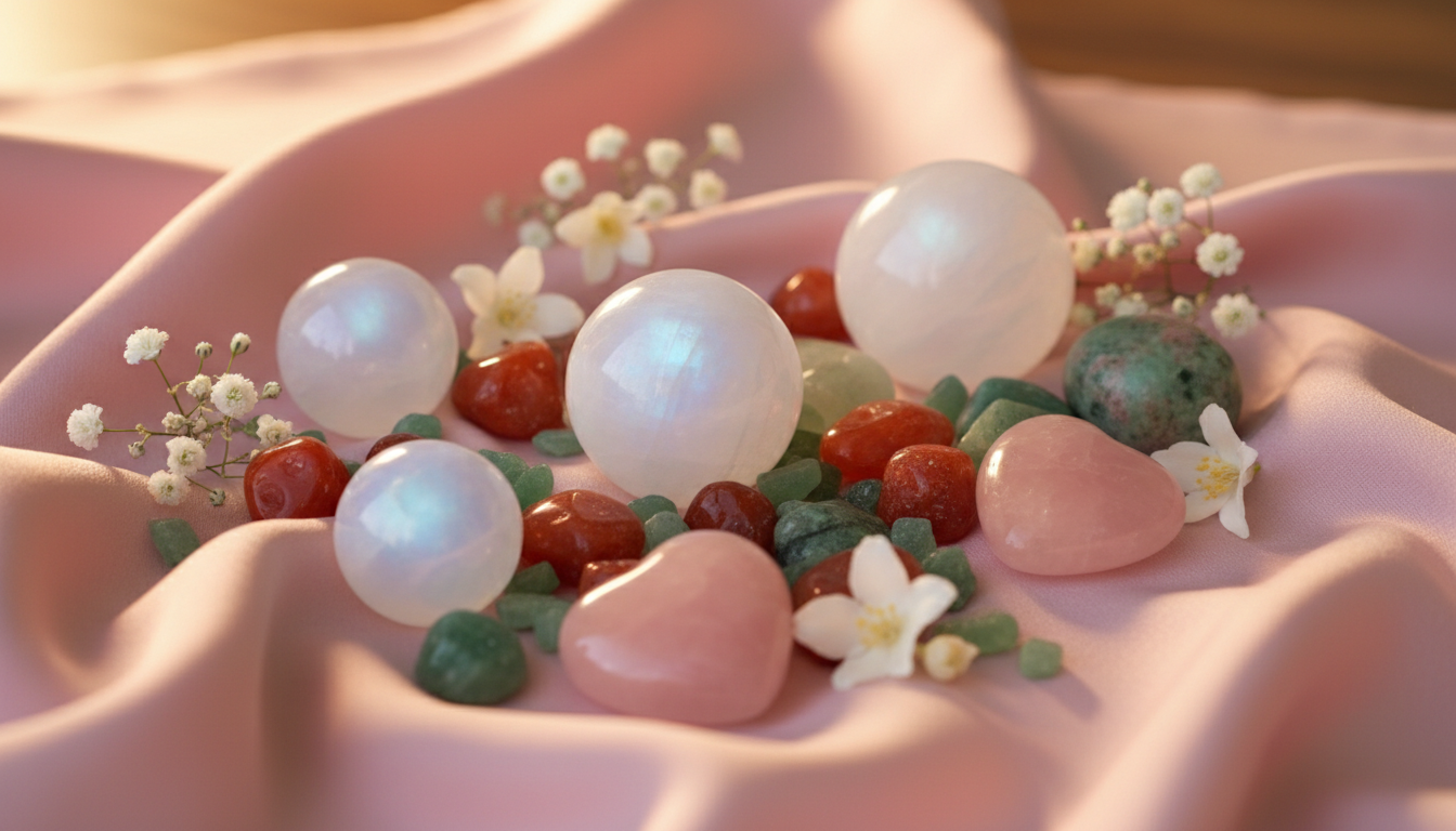 Fertility and pregnancy healing crystals including moonstone spheres, rose quartz hearts, carnelian, green aventurine, and unakite arranged on pink silk with white flowers