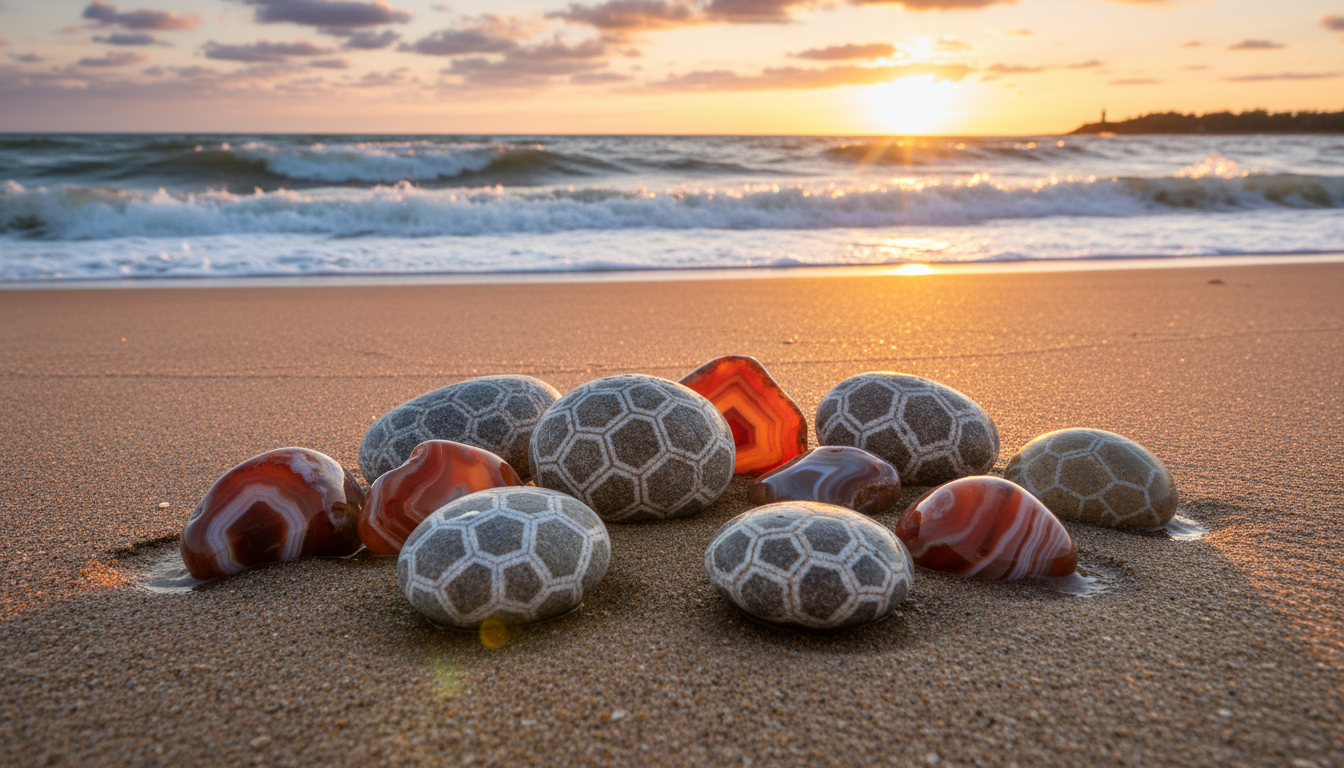 Collection of Petoskey stones and Lake Superior agates found on Michigan beaches