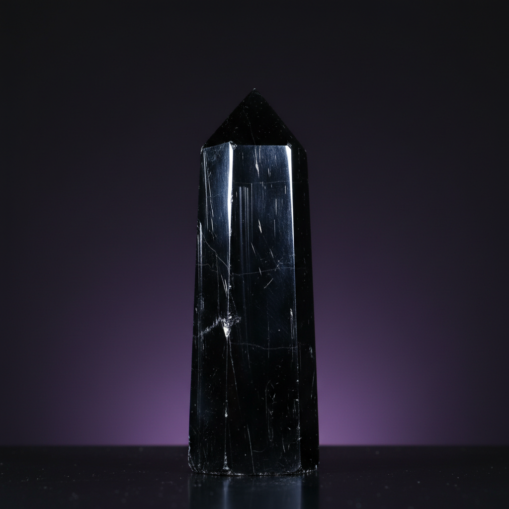 Polished black tourmaline tower crystal for EMF protection and energy work from Dragon Traditions