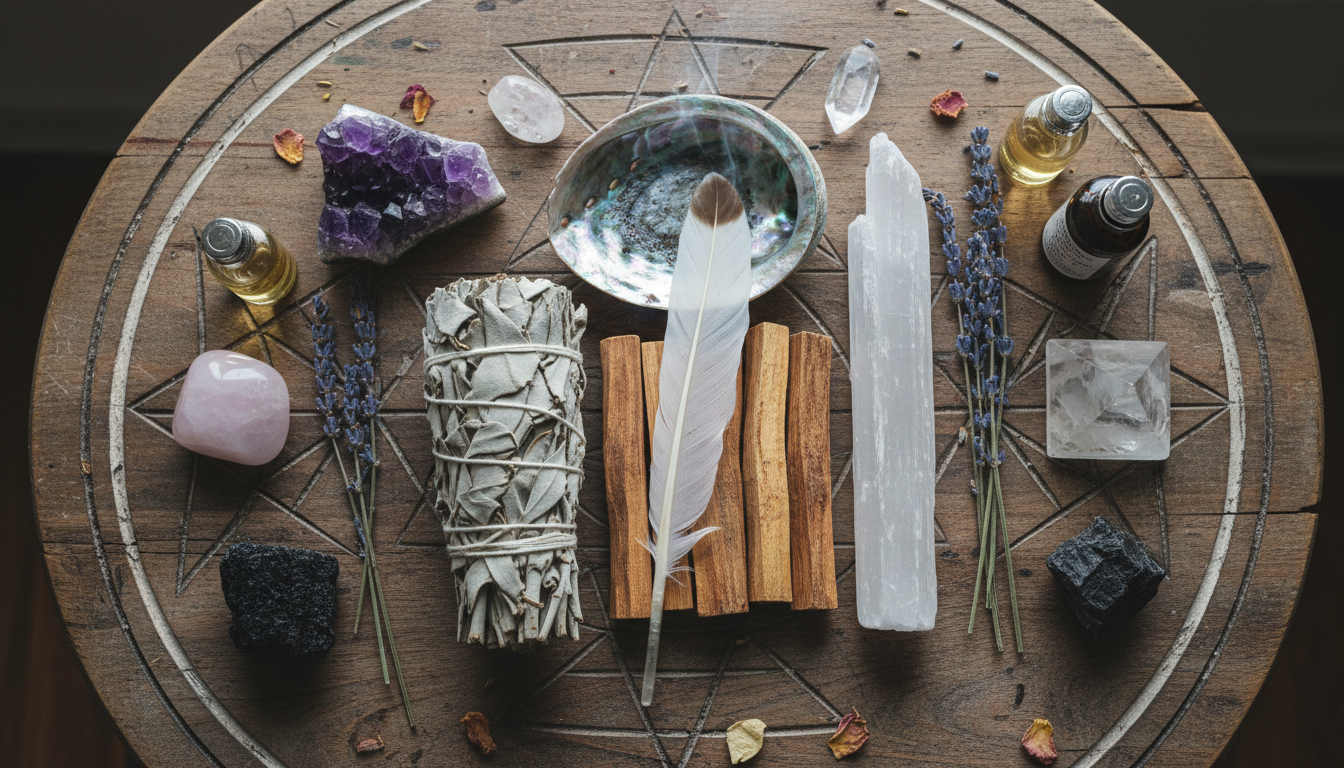 Collection of smudging supplies including white sage, palo santo, abalone shell, feather, and crystals on wooden altar