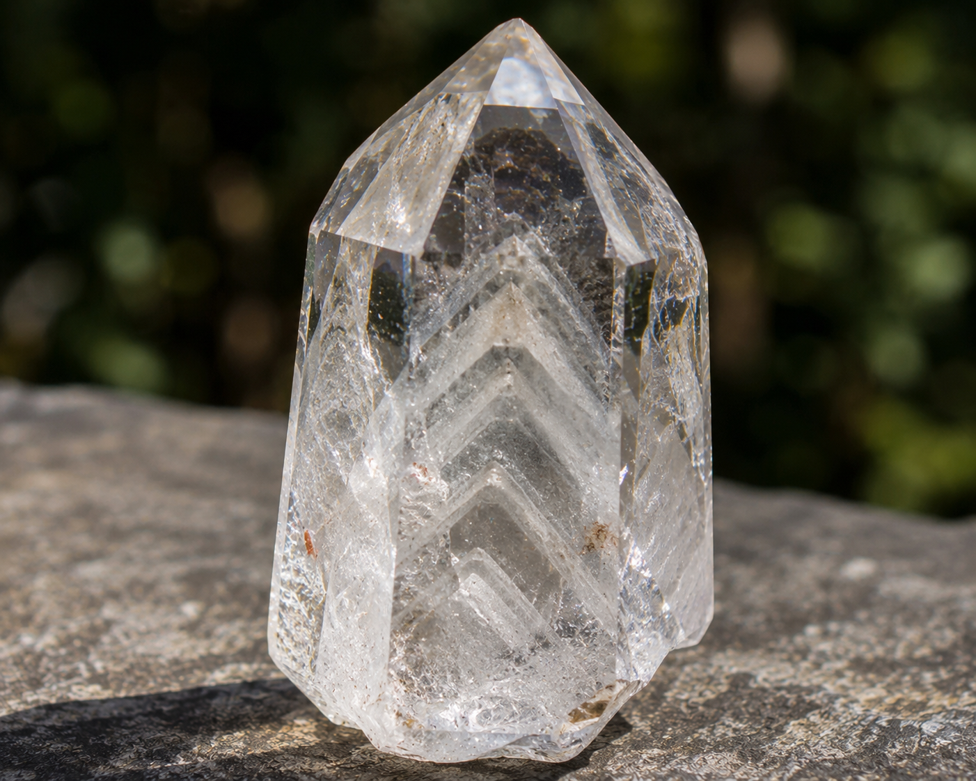 Phantom Quartz crystal point showing visible chevron ghost layers inside clear quartz revealing earlier growth stages