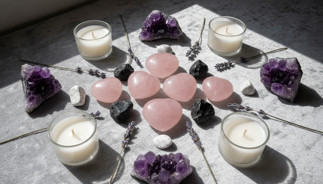 Healing crystals for grief including rose quartz hearts, apache tears obsidian, amethyst clusters, and white howlite arranged with dried lavender and candles for comfort during bereavement