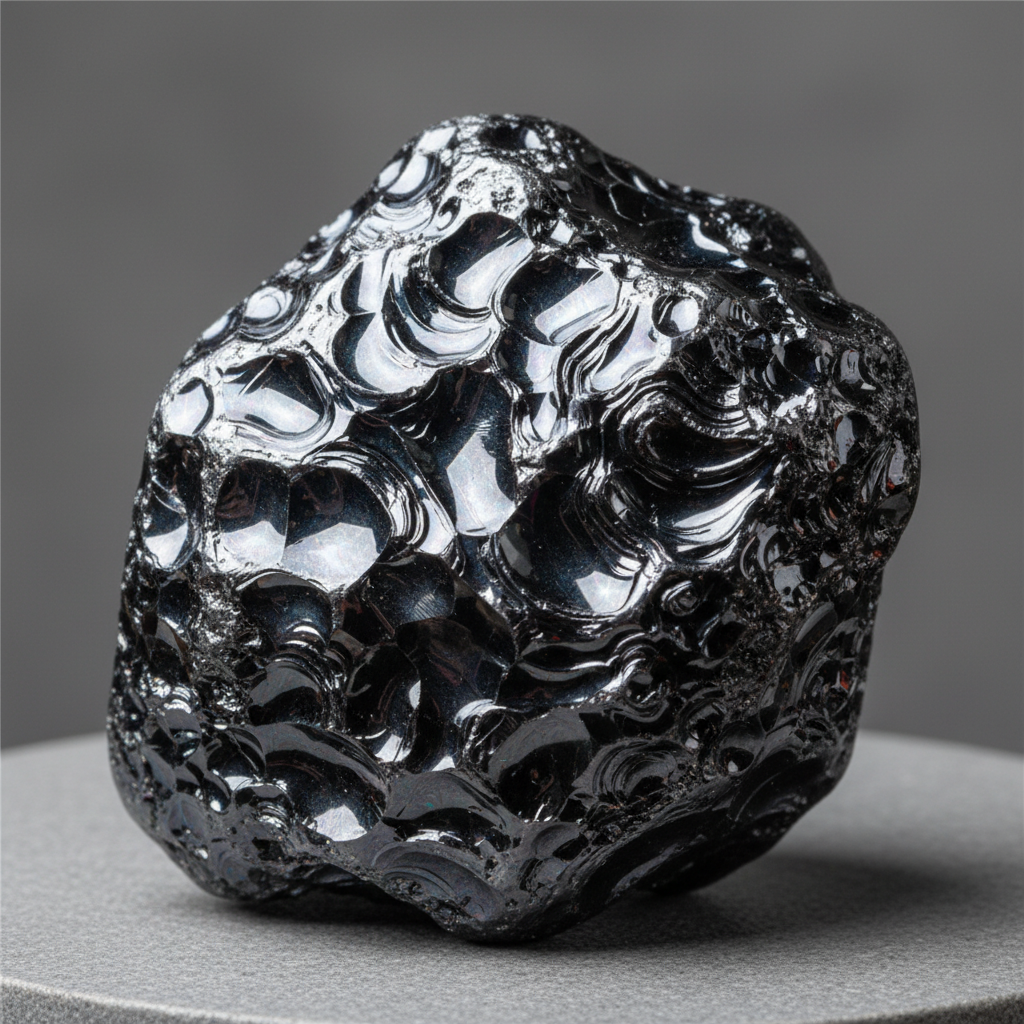 Elite noble shungite specimen showing silvery metallic luster with conchoidal fracture - highest grade 98% carbon Russian shungite for water purification
