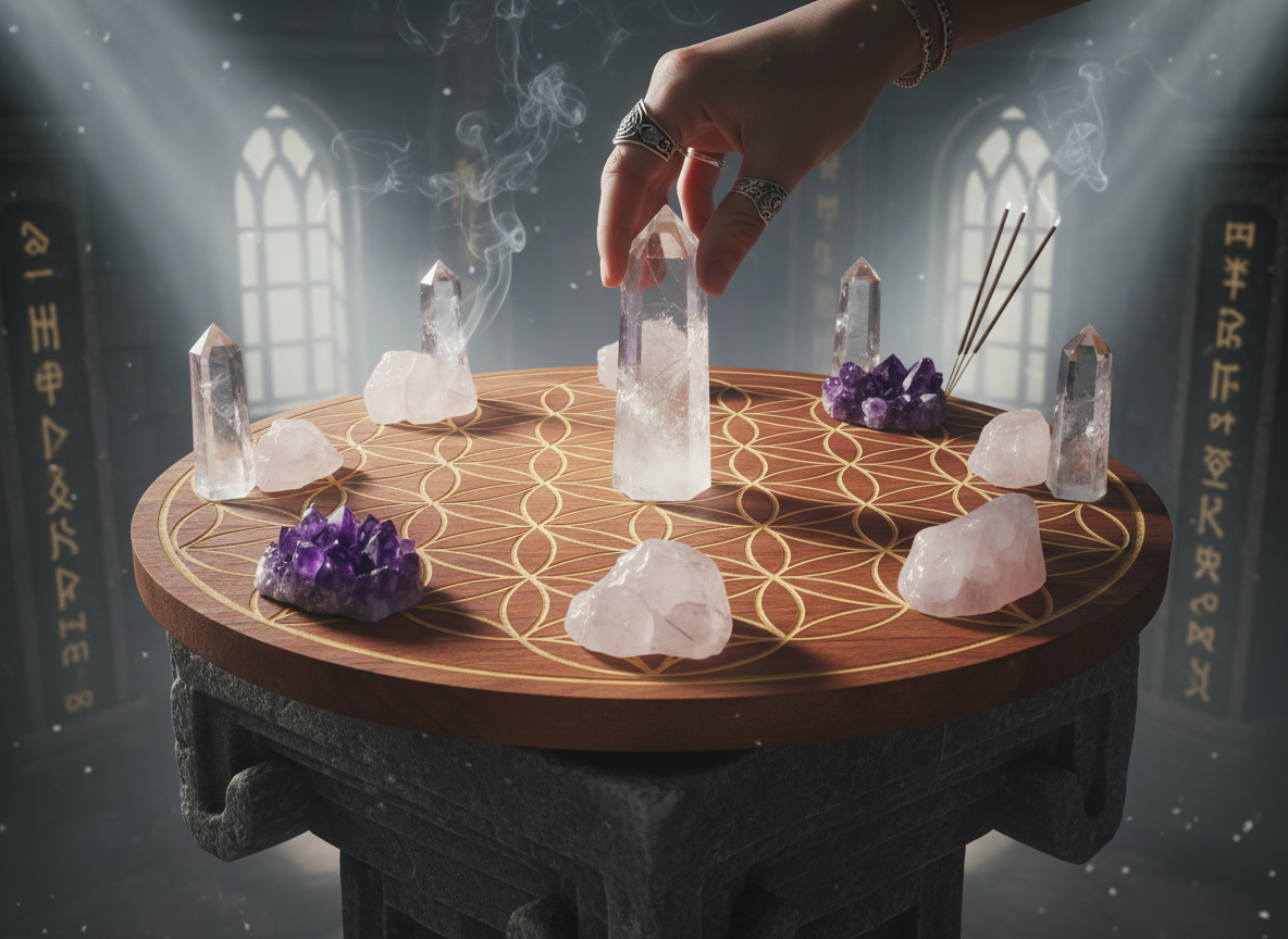 Placing crystals on flower of life sacred geometry pattern