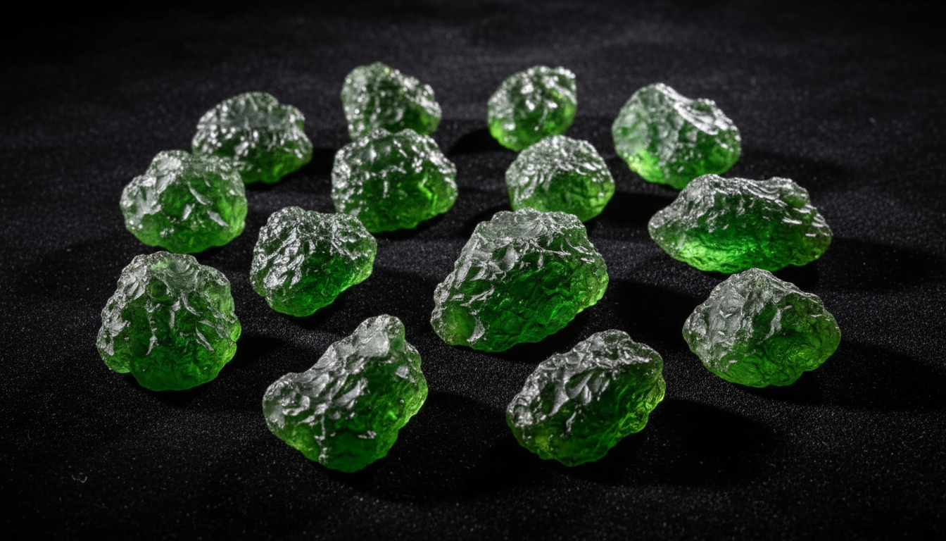 Collection of genuine Czech moldavite tektites showing translucent forest green color with distinctive textured bubbly surface - extraterrestrial meteorite glass crystals