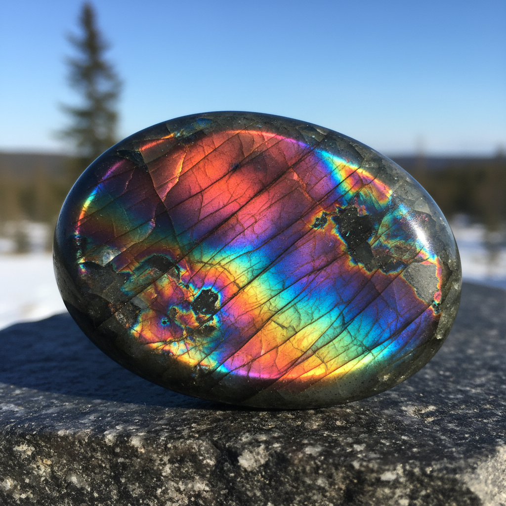 Rare Finnish spectrolite crystal showing full rainbow spectrum colors red purple blue green gold labradorescence