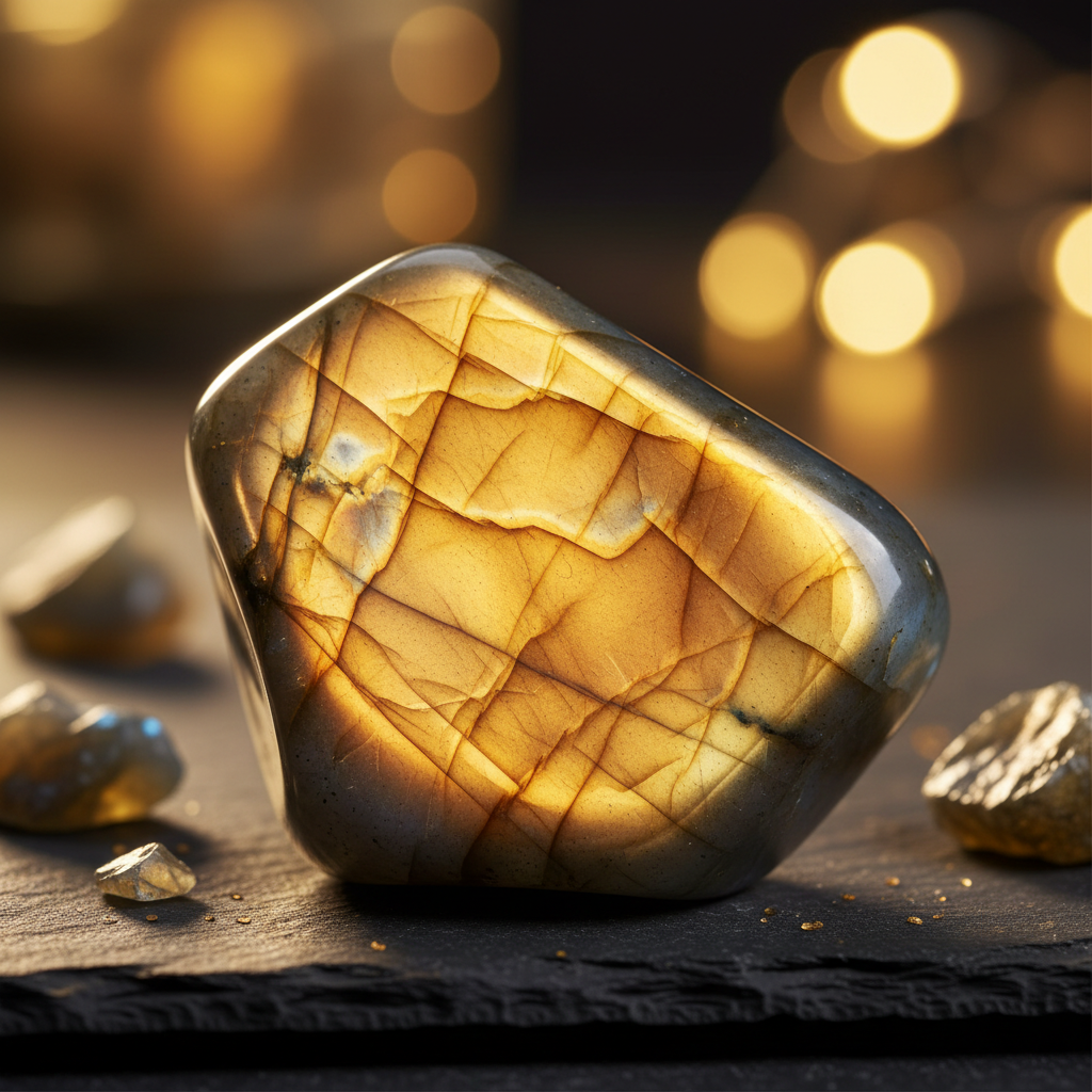 Gold flash labradorite crystal with warm golden yellow orange labradorescence for confidence and personal power