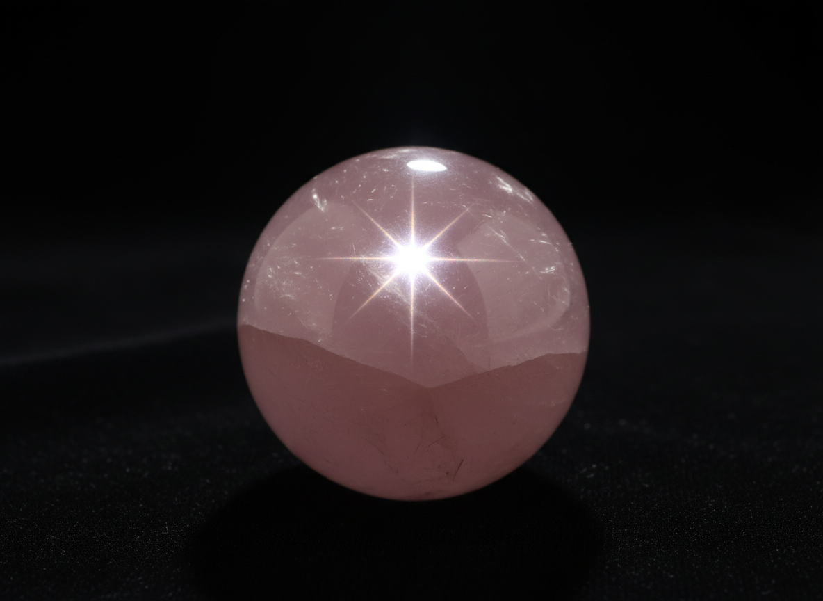 Star Rose Quartz sphere displaying rare six-rayed asterism star effect caused by rutile needle inclusions in pink quartz from Madagascar