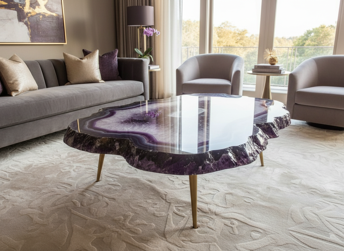 Amethyst geode slice coffee table with gold metal legs