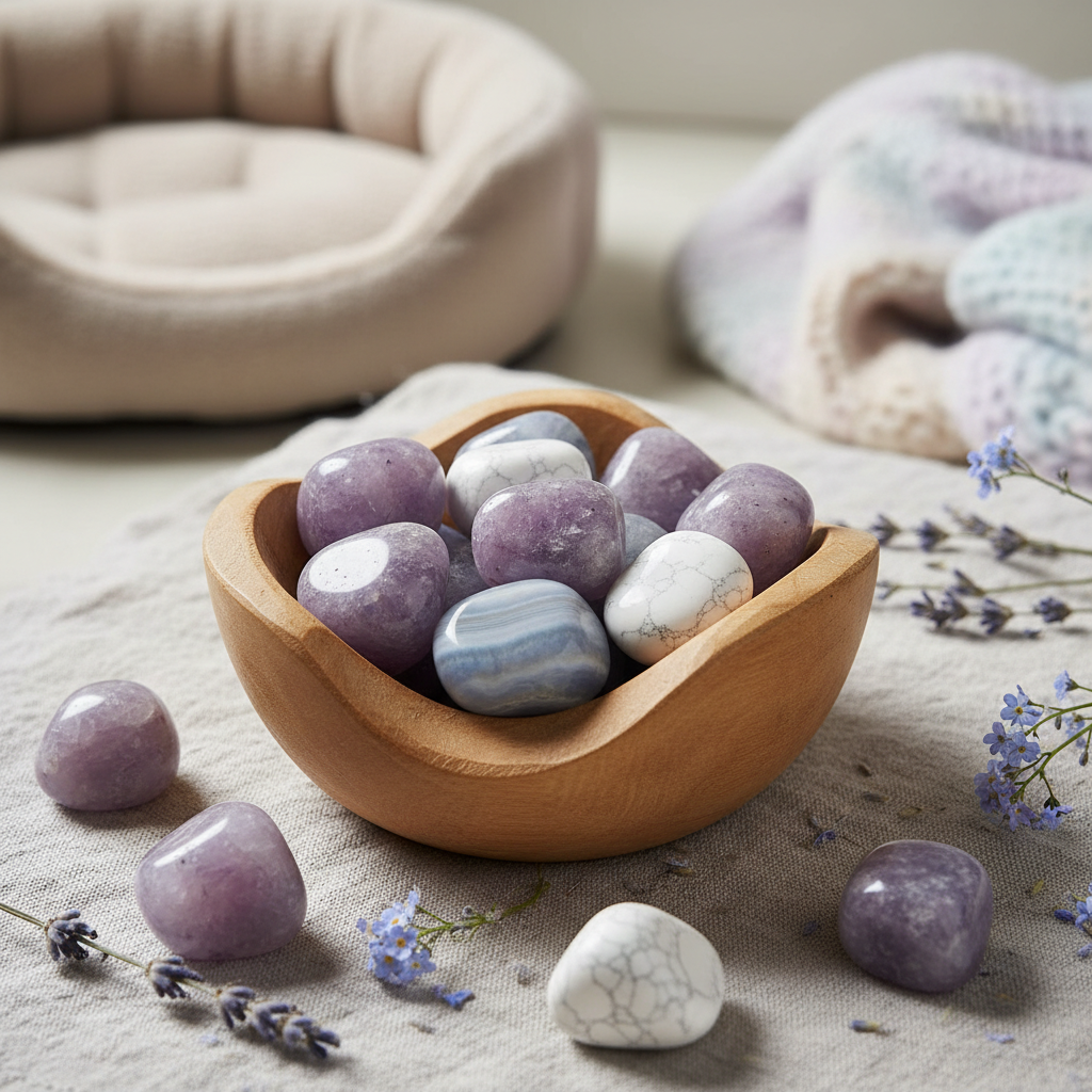 Calming crystals for anxious pets - lepidolite, blue lace agate, and howlite tumbled stones in wooden bowl for pet anxiety relief