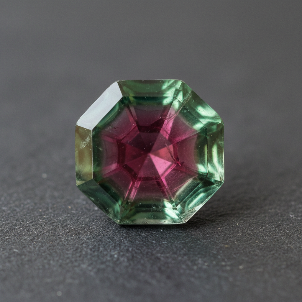 Watermelon tourmaline slice showing pink center and green outer ring bicolor crystal