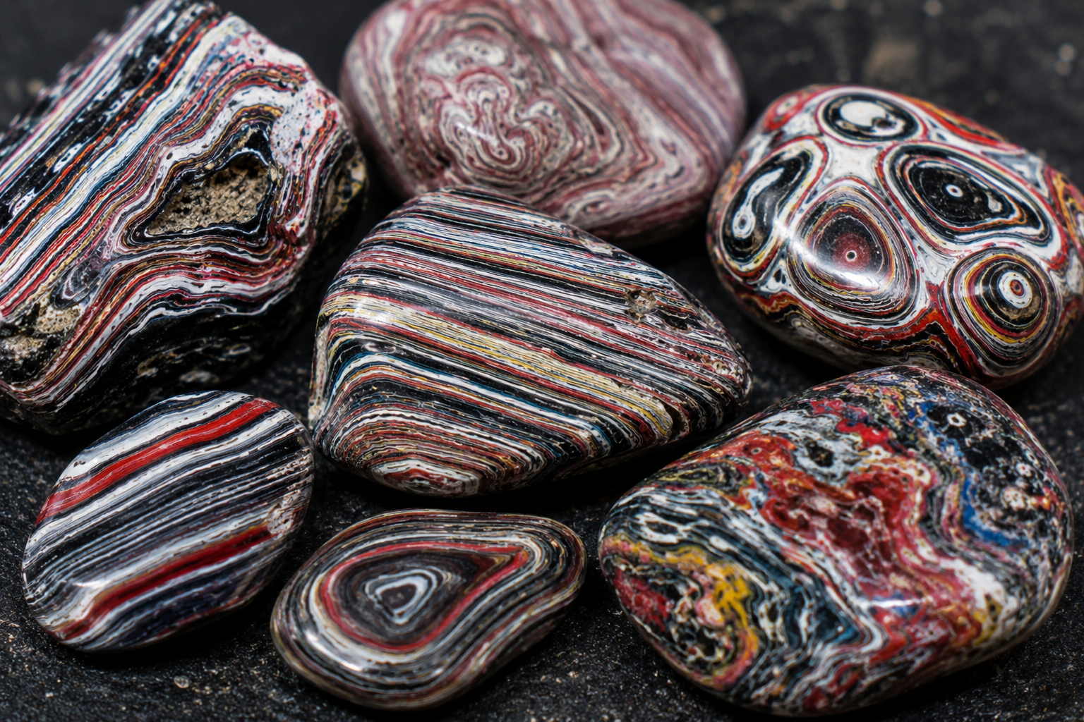 Collection of polished Fordite specimens on black sand showing striped, swirled, bulls-eye, and multicolor patterns from vintage Detroit automotive paint