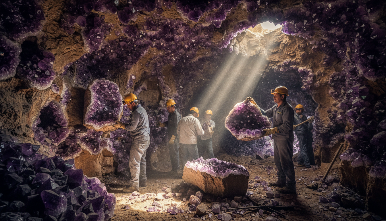 Brazilian amethyst mine showing raw geode formations
