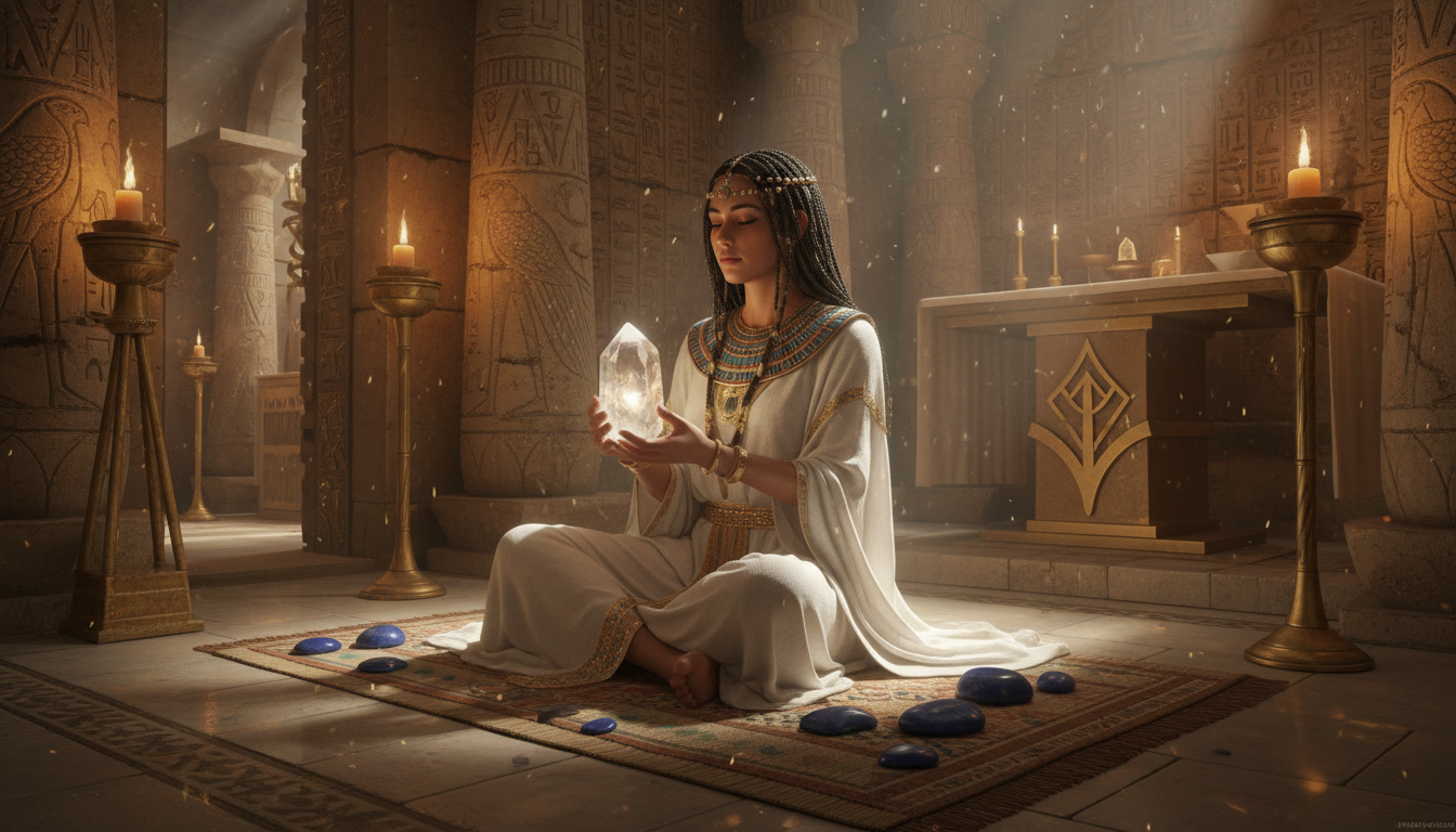 Ancient Egyptian priestess meditating with crystals in a temple