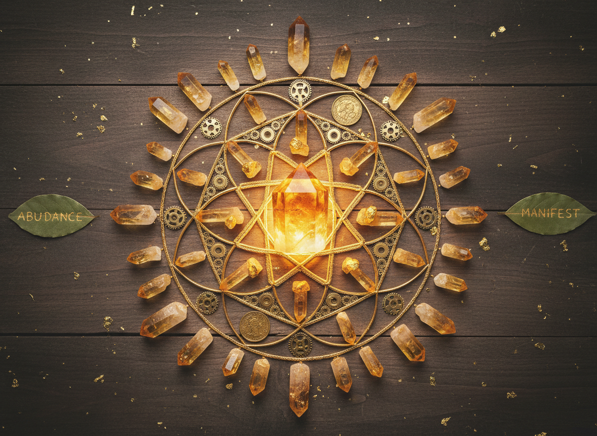Citrine crystal grid arrangement for abundance and manifestation with golden citrine points