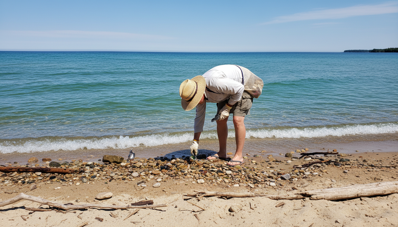 Person searching for Petoskey stones on a Michigan beach