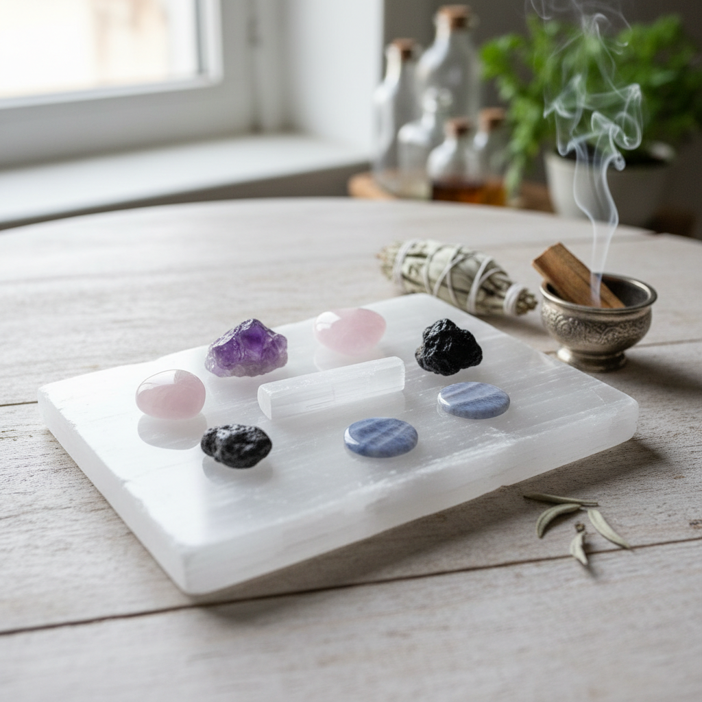 Selenite charging plate with crystals being cleansed and recharged natural white gypsum slab for crystal care