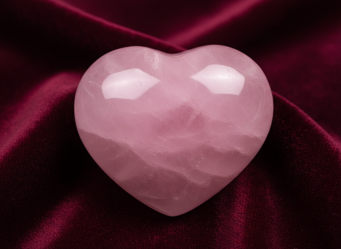 Polished carved rose quartz heart stone for love attraction romantic relationships and heart chakra healing on dark background
