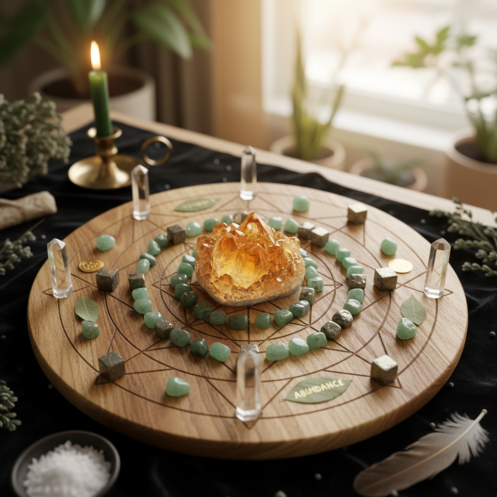 Crystal grid for money manifestation with citrine center surrounded by prosperity stones in sacred geometry pattern