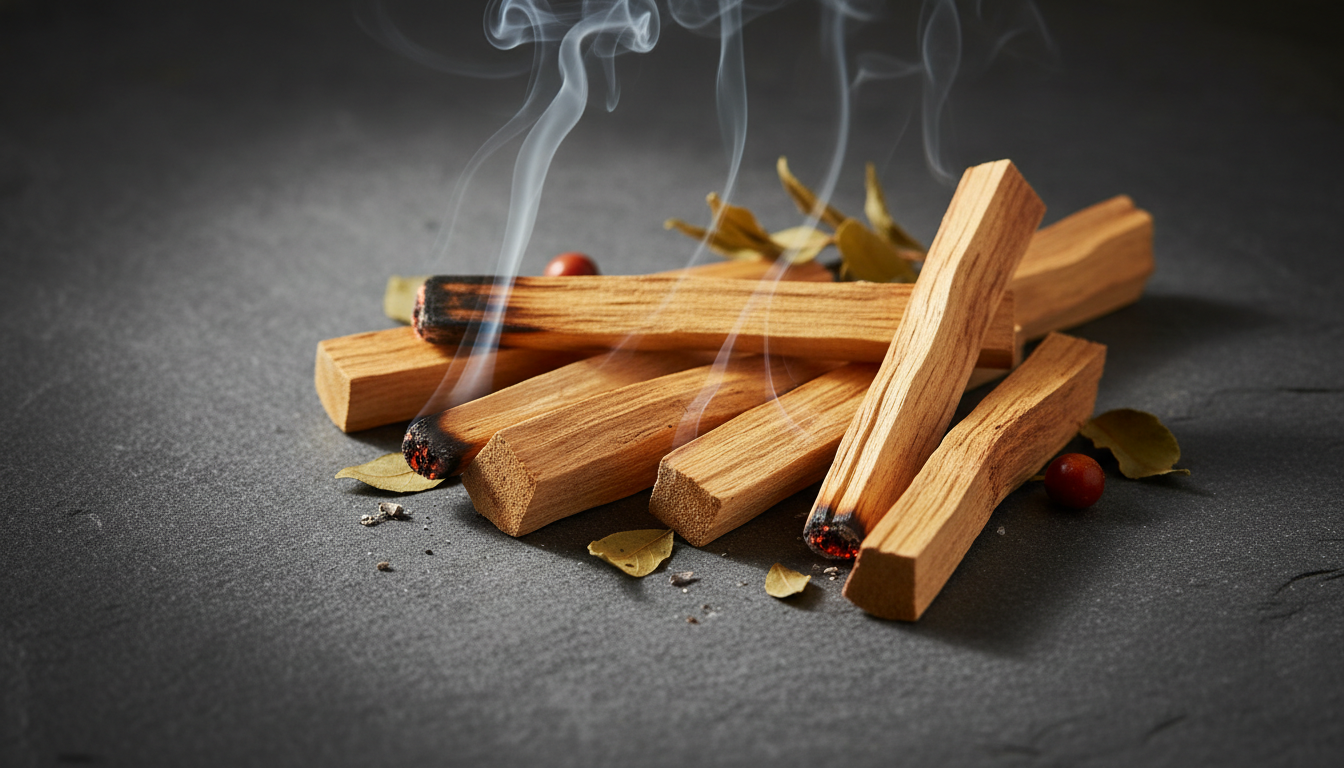 Palo santo holy wood sticks burning with gentle smoke rising on dark slate background