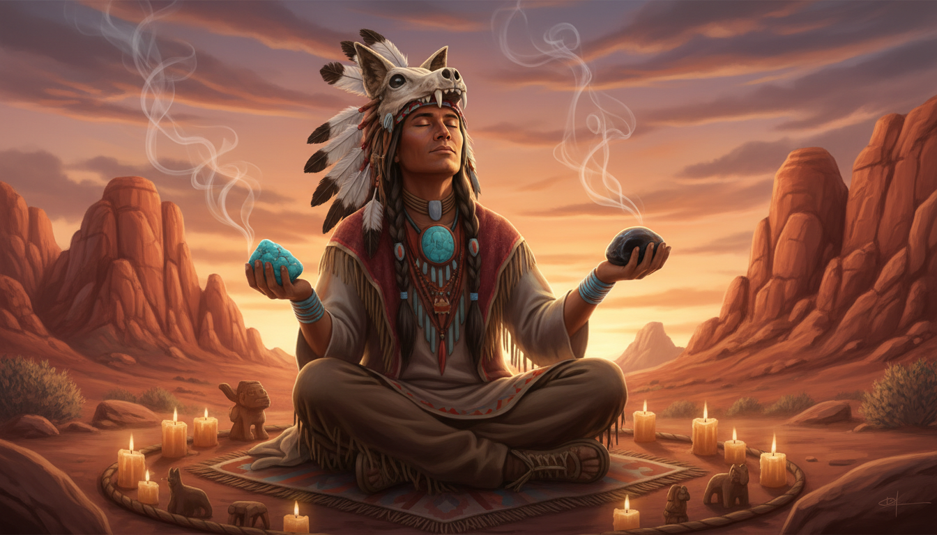 Traditional meditation ceremony with turquoise and obsidian stones