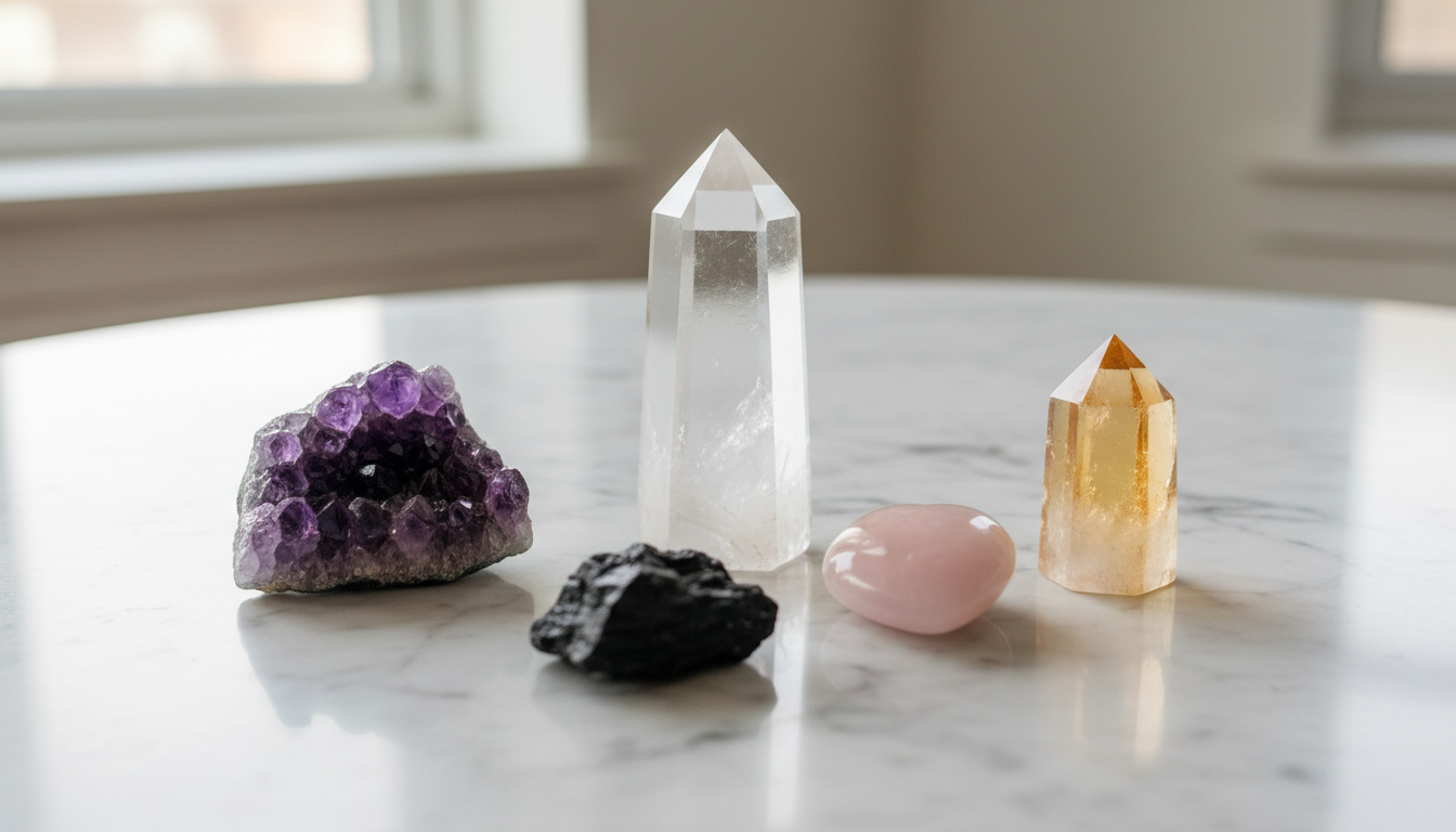 Beginner crystal collection with clear quartz, amethyst, rose quartz, black tourmaline, and citrine