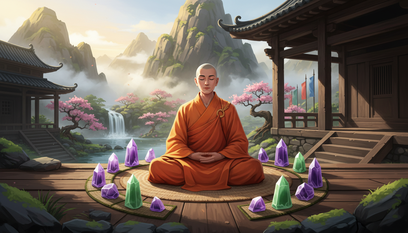Buddhist monk meditating with amethyst and jade crystals
