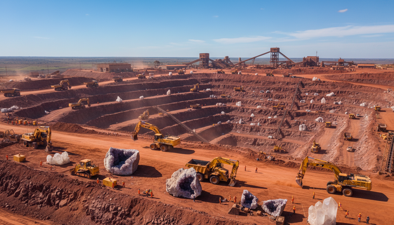 Modern crystal mining operation in Brazil with heavy machinery extracting quartz and geodes