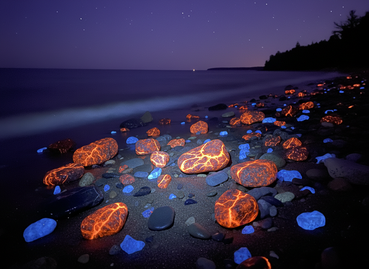 Yooperlite rock glowing bright orange under UV light on dark beach