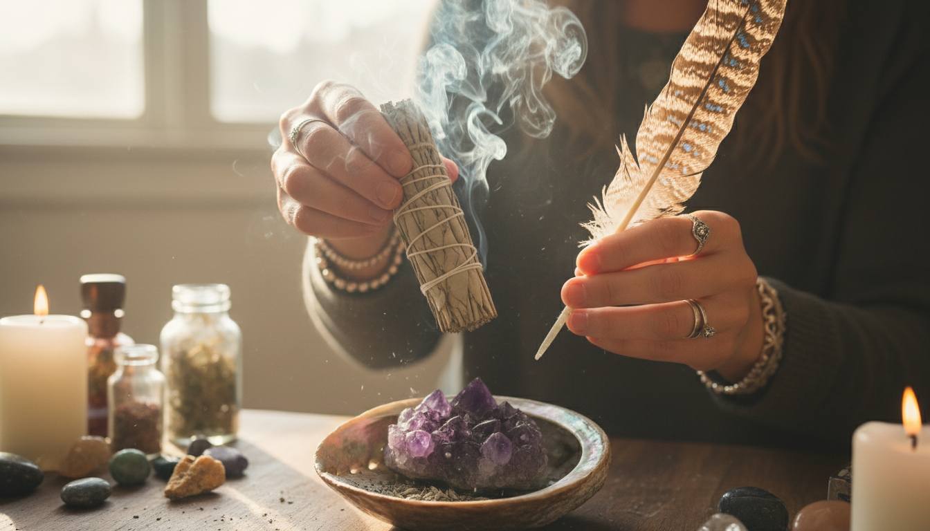 Person smudging amethyst crystals with white sage smoke using abalone shell and feather