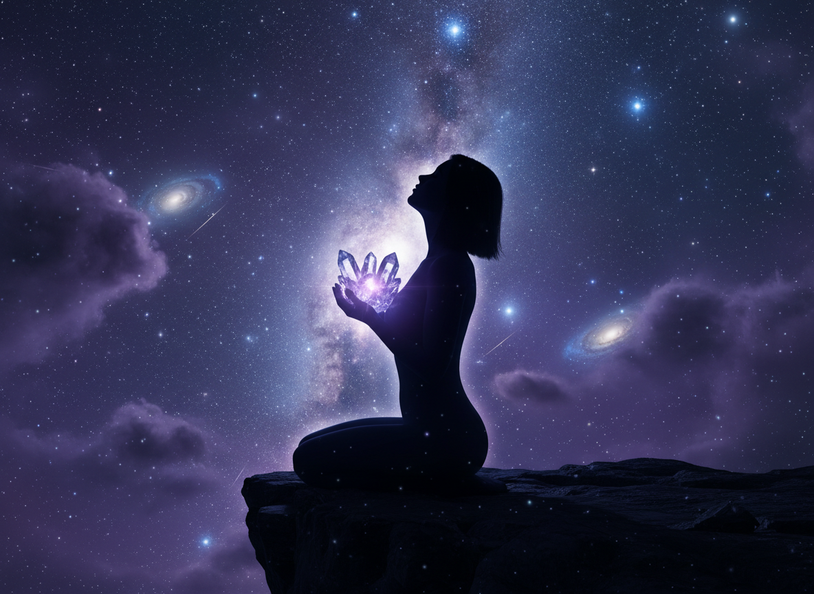Person meditating with crystals under the stars