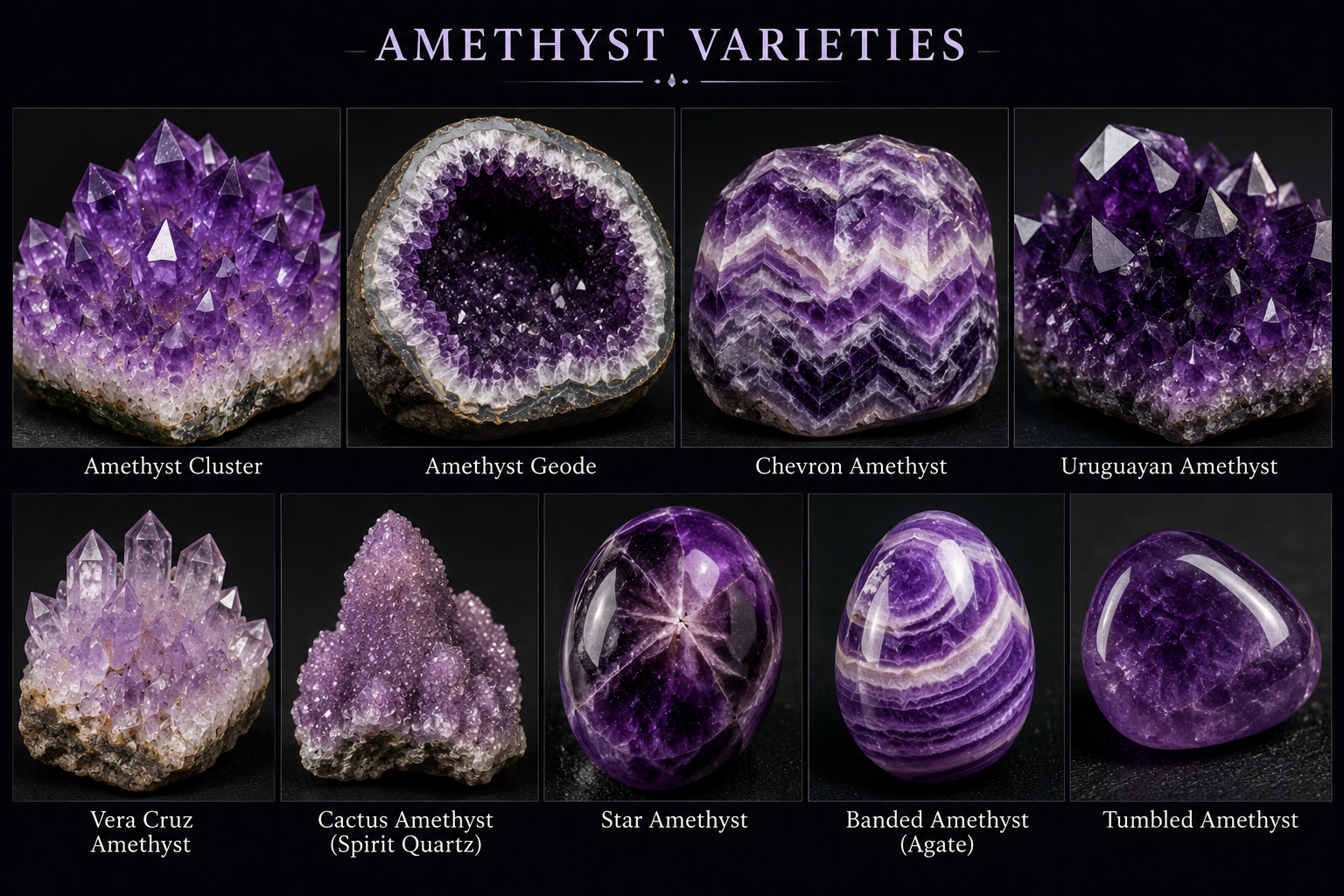 Educational photo grid showing nine amethyst varieties: cluster, geode, chevron, Uruguayan, Vera Cruz, cactus quartz, star amethyst, banded amethyst, and tumbled stones - Dragon Traditions