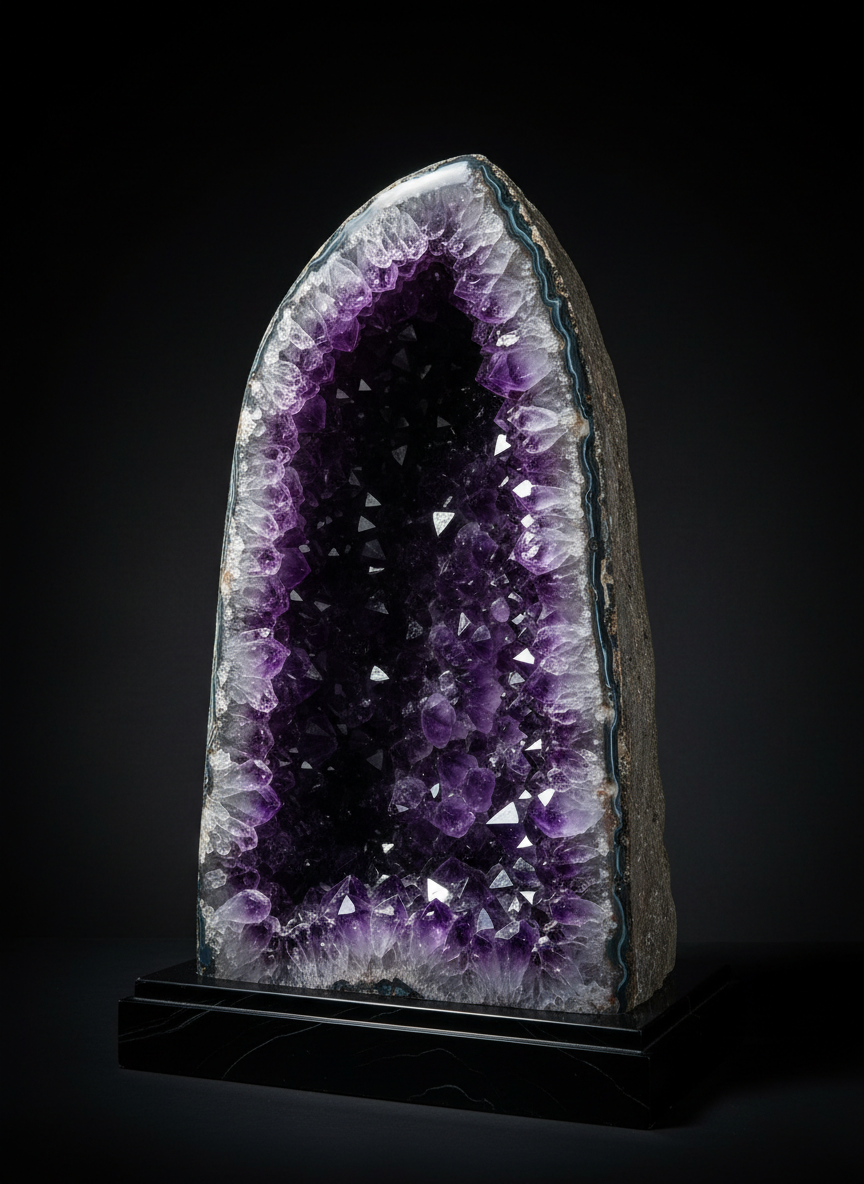 Large amethyst cathedral geode with deep purple crystals